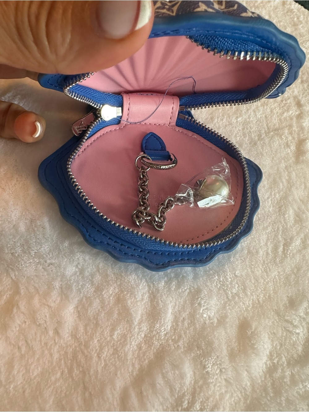 Designer-Inspired Blue Shell Coin Purse/Bag Charm - Monogram Pattern - Picture 2 of 3